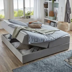 Hellgraues Stoffbett ohne Kopfteil mit Bettkasten - Craig