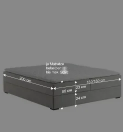 Hellgraues Stoffbett ohne Kopfteil mit Bettkasten - Craig