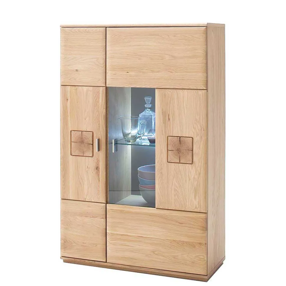 Highboard 2-türig mit Glas-Einsatz Pontros in Eiche Bianco teilmassiv