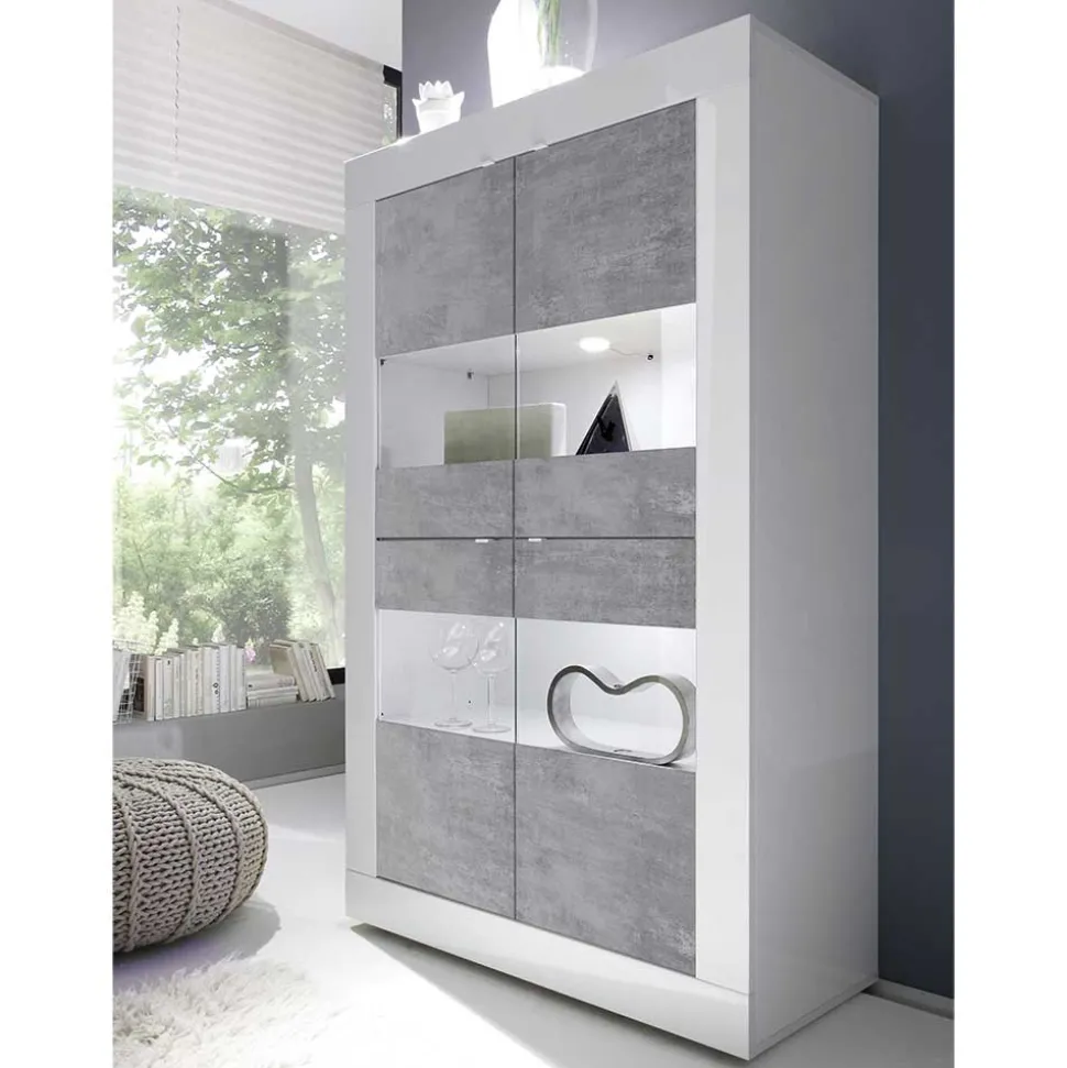 Highboard Vitrine in Beton Optik & Weiß HG - Narandu