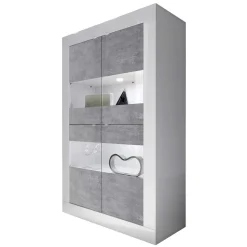 Highboard Vitrine in Beton Optik & Weiß HG - Narandu