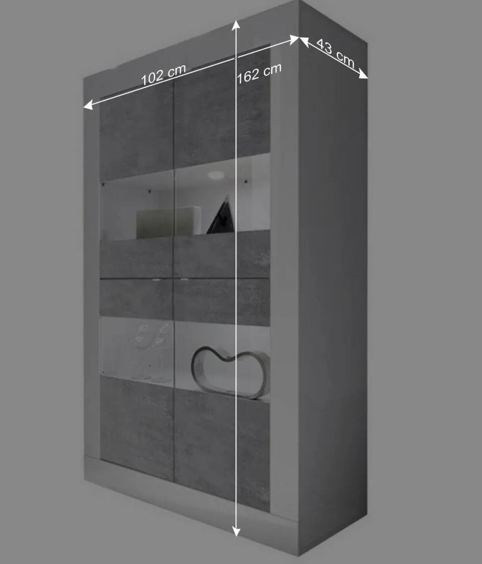 Highboard Vitrine in Beton Optik & Weiß HG - Narandu