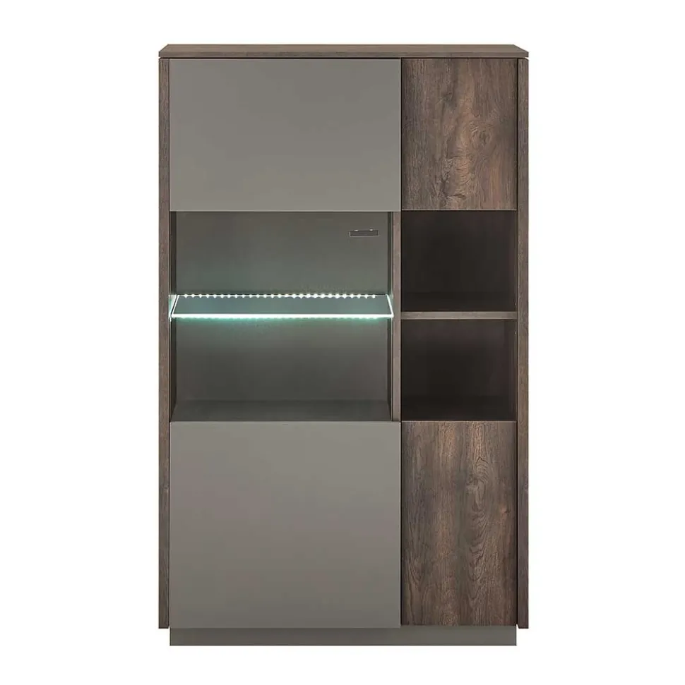 Highboard Vitrine in Eiche Dunkel & Grau - Mundo