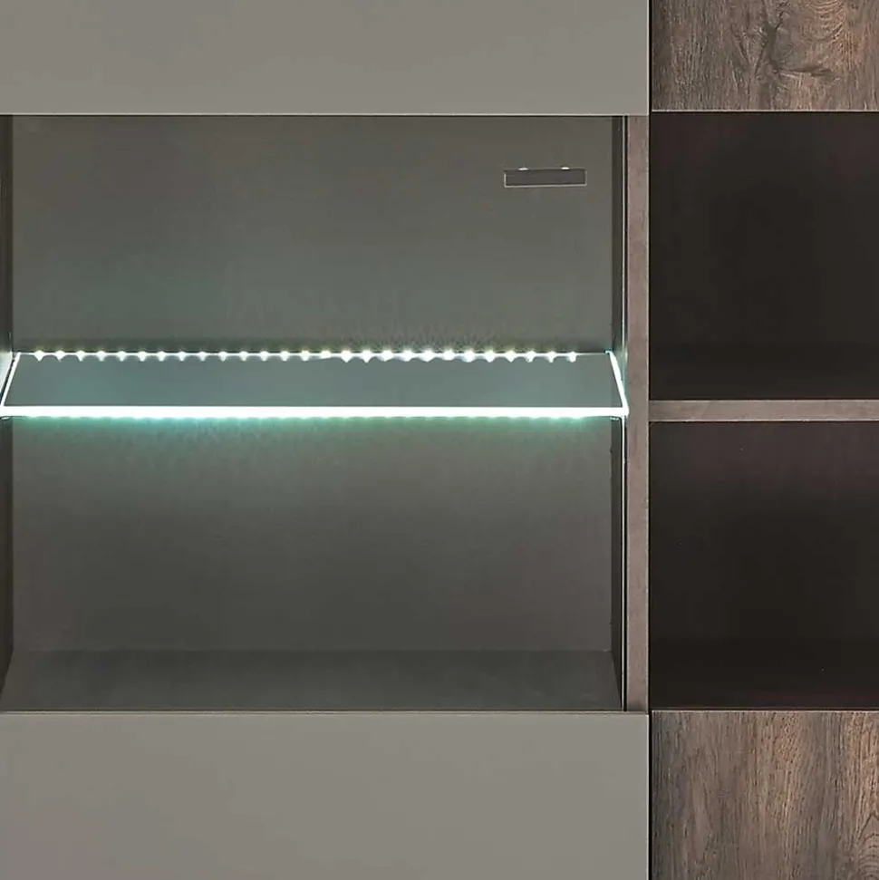 Highboard Vitrine in Eiche Dunkel & Grau - Mundo