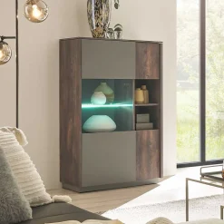 Highboard Vitrine in Eiche Dunkel & Grau - Mundo
