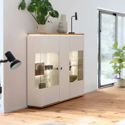 Highboard Vitrine in Soft White und Wildeiche - Yordyn