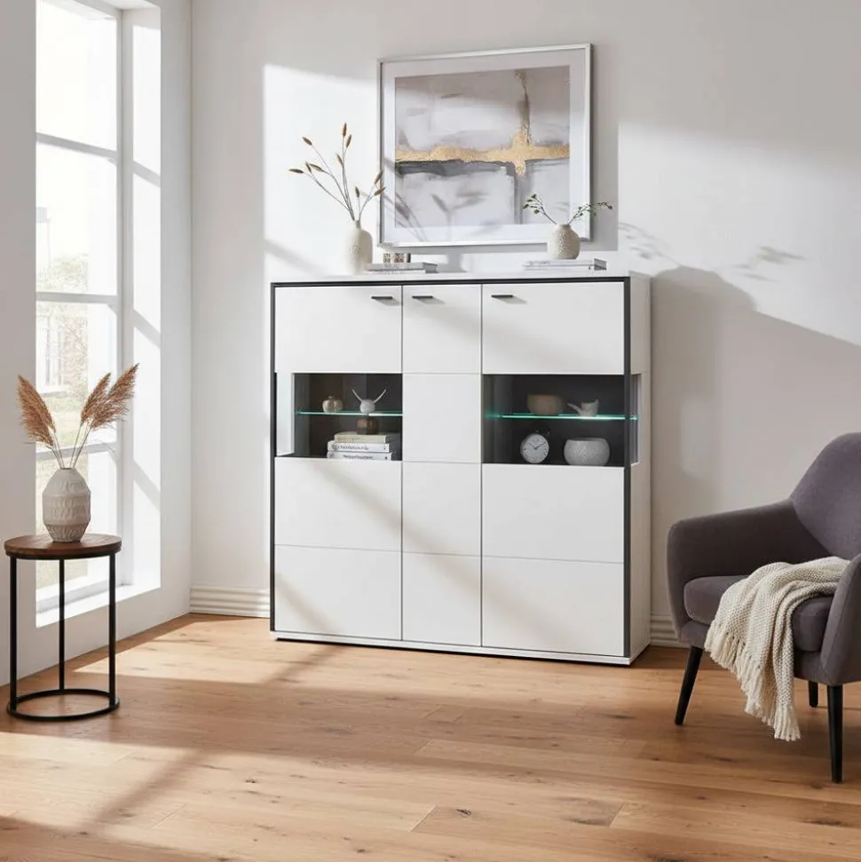 Highboard Vitrine in Weiß mit Schwarzgrau - Loazin