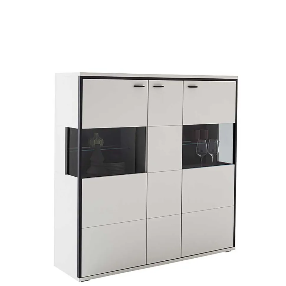 Highboard Vitrine in Weiß mit Schwarzgrau - Loazin