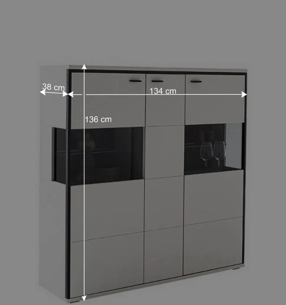 Highboard Vitrine in Weiß mit Schwarzgrau - Loazin