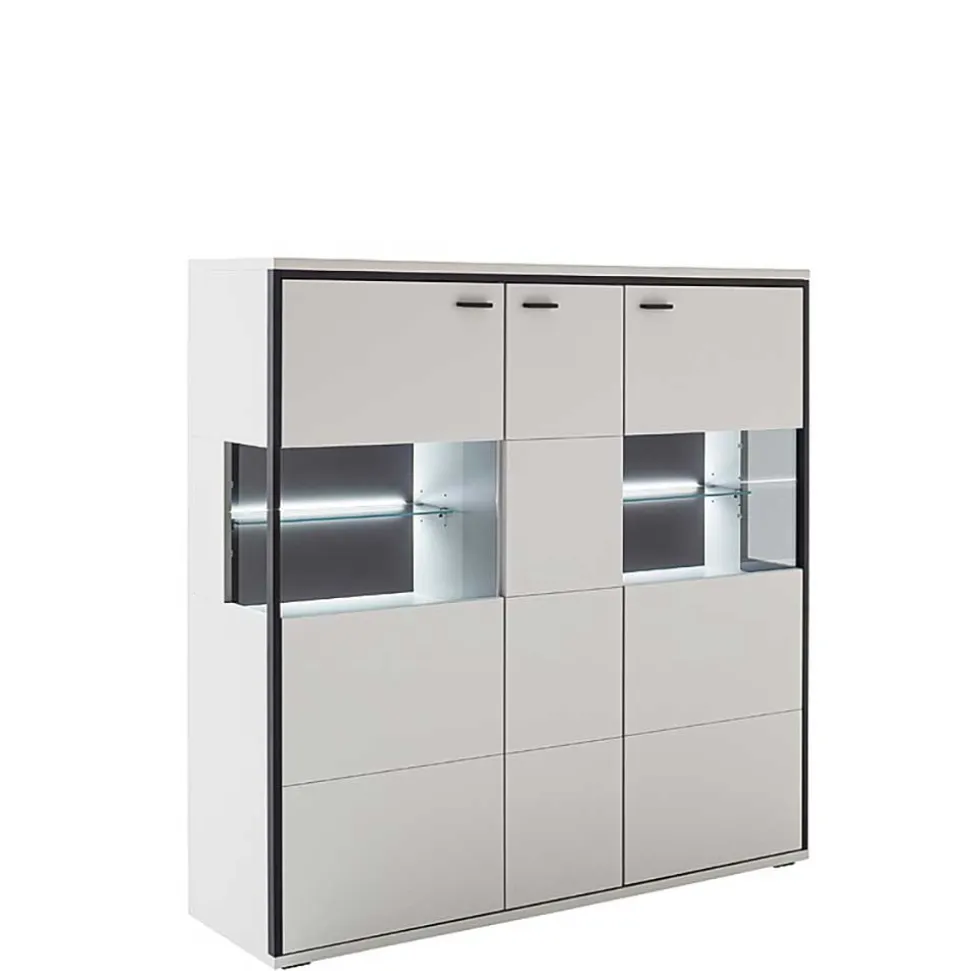 Highboard Vitrine in Weiß mit Schwarzgrau - Loazin