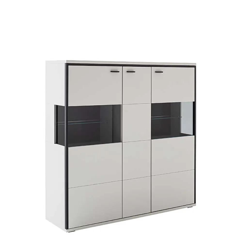 Highboard Vitrine in Weiß mit Schwarzgrau - Loazin