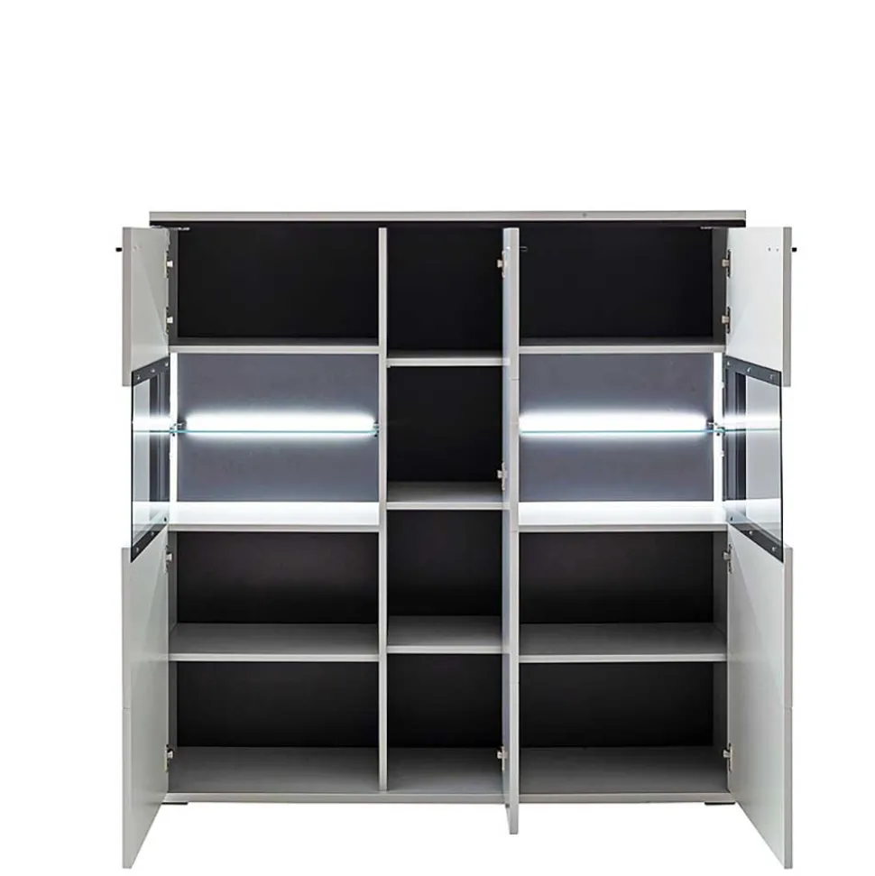 Highboard Vitrine in Weiß mit Schwarzgrau - Loazin