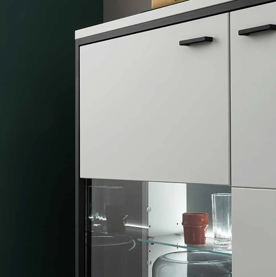 Highboard Vitrine in Weiß mit Schwarzgrau - Loazin
