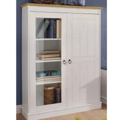 Highboard Vitrine in Weiß und Kiefer Honig - Zentra