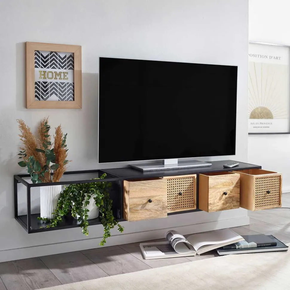 Hängendes TV Board aus Holz & Wiener Geflecht - Leiria