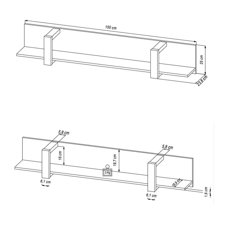 Hängeregal in Schwarz - 180 cm - Dudleys