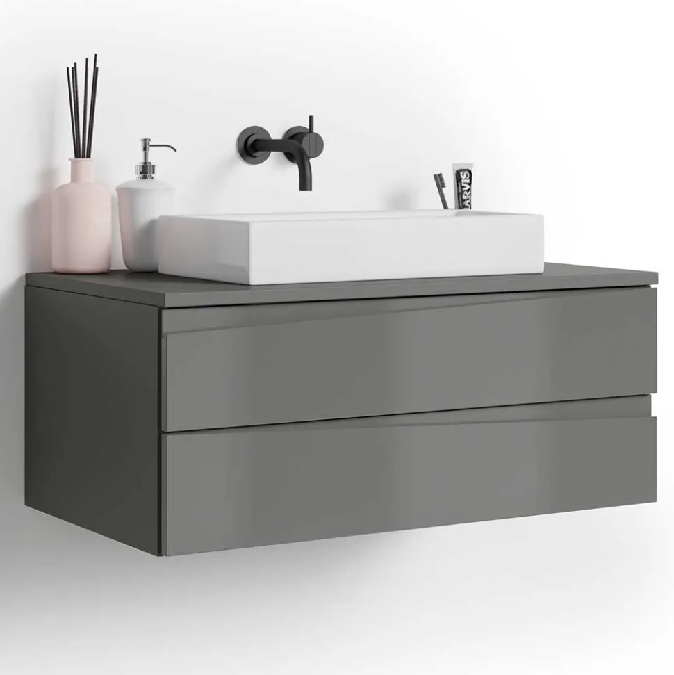 Hänge-Waschtisch in Anthrazit mit Hochglanz Front - Hatai