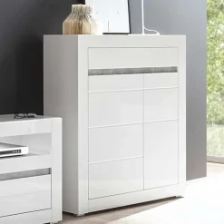 Hochglanz Highboard in Weiß Mextra mit Absetzung in Beton Optik