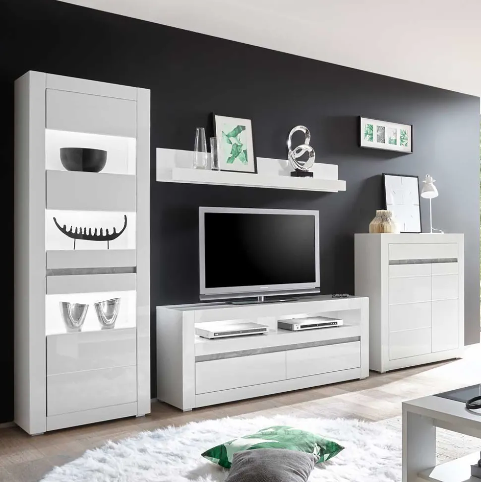 Hochglanz TV Anbauwand in Weiß Mextra mit Beton Dekor (vierteilig)