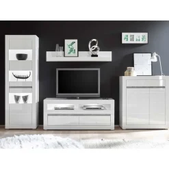 Hochglanz TV Anbauwand in Weiß Mextra mit Beton Dekor (vierteilig)