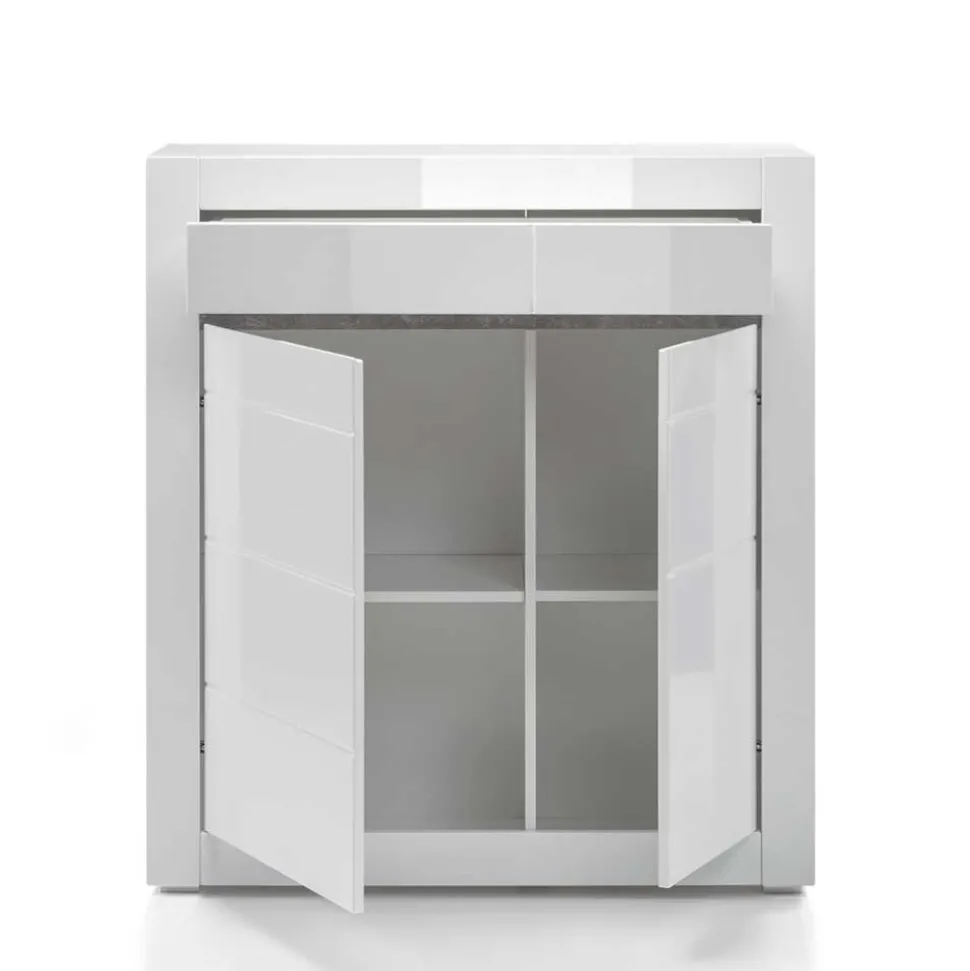 Hochglanz TV Anbauwand in Weiß Mextra mit Beton Dekor (vierteilig)