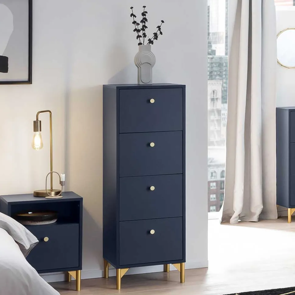 Hohe Kommode in Dunkelblau mit Gold - Inbano