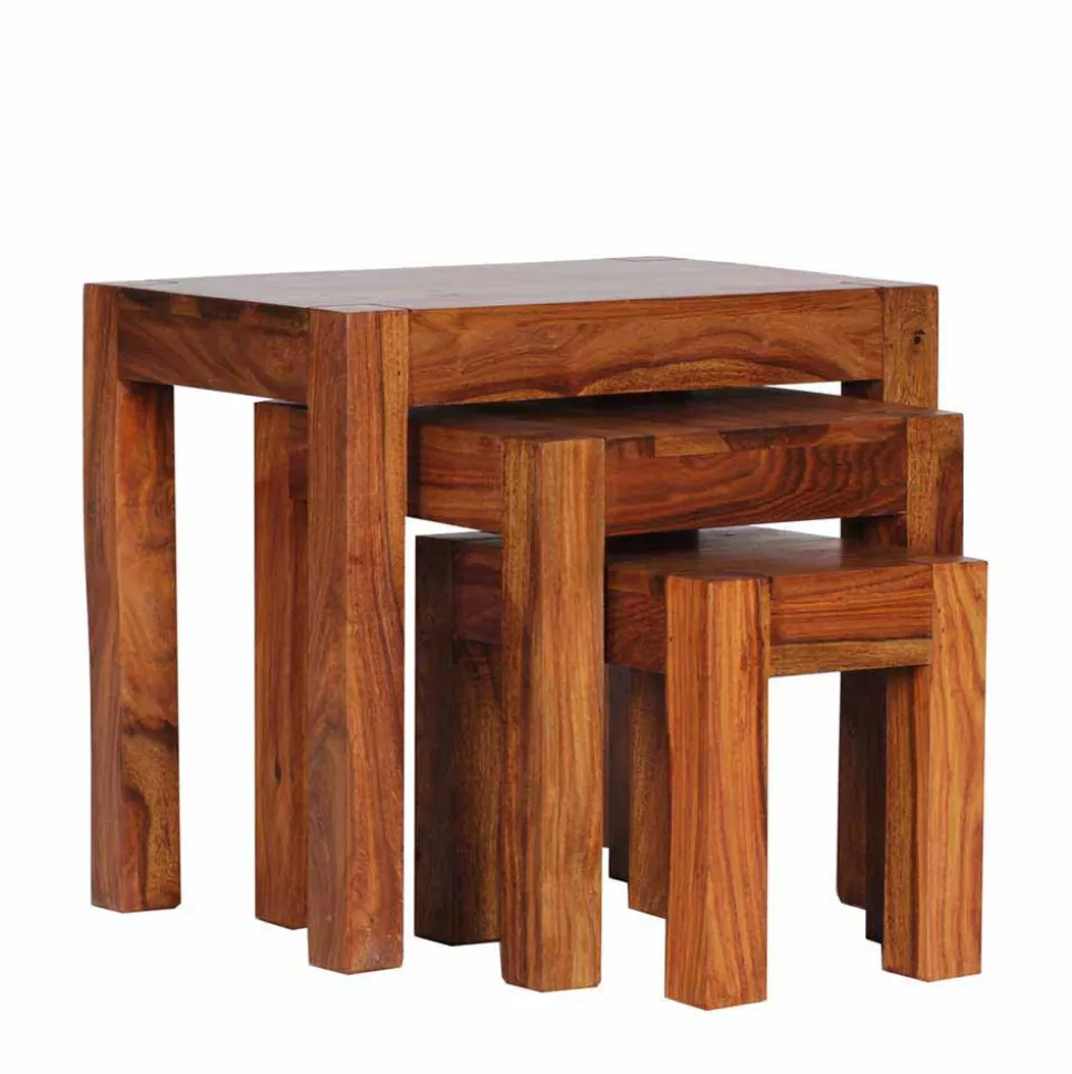 Holz Beistelltisch 3er-Set Hoslo aus Sheesham massiv (dreiteilig)