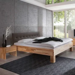 Holzbett massiv Wins mit Polster-Kopfteil Kunstleder Dunkelbraun