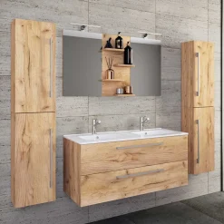 Holzlook Bad mit Doppel-Waschtisch - Ursela (vierteilig)