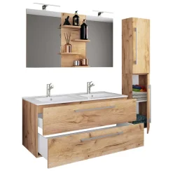 Holzoptik Bad mit Doppel-Waschplatz - Ursela (dreiteilig)