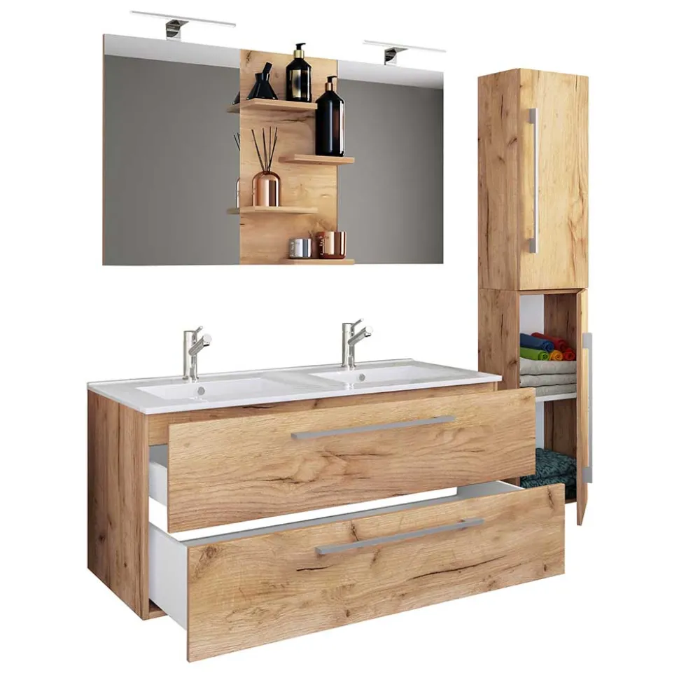 Holzoptik Bad mit Doppel-Waschplatz - Ursela (dreiteilig)