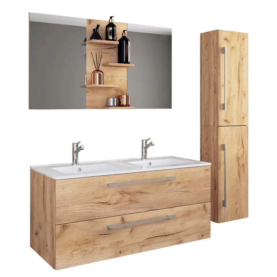 Holzoptik Bad mit Doppel-Waschplatz - Ursela (dreiteilig)