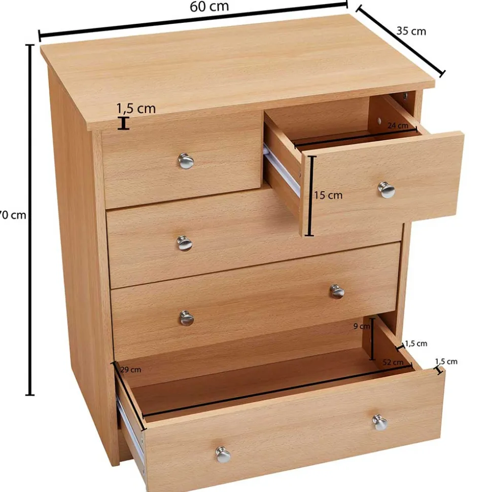 Holzoptik Kommode mit fünf Schubladen - Estelany
