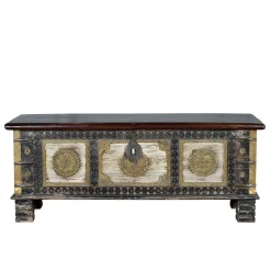 Holztruhe in Schwarz Antikweiß Bronze Braun - Rene