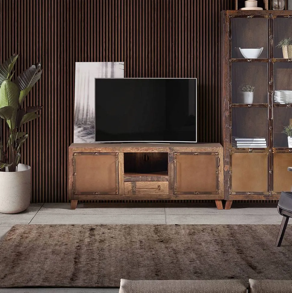 Industrial TV Kommode aus Altholz und Metall - Stock