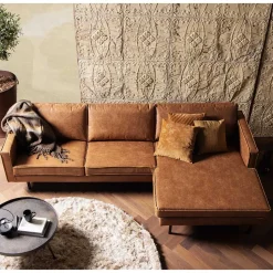 Kantiges Echtleder Ecksofa in Cognac Braun - Artemi