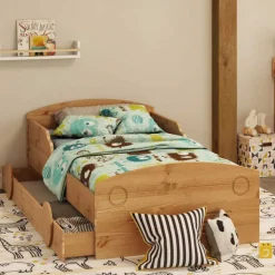 Kiefernholz Bett im Auto Look mit Bettkasten - Soveca