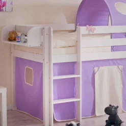 Kinderhochbett Turino mit Tunnel und Vorhang in Lila Beige