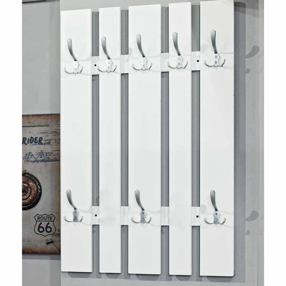 Klassisches Garderobenpaneel in Weiß 65cm breit Vaipuran mit 8 Metallhaken