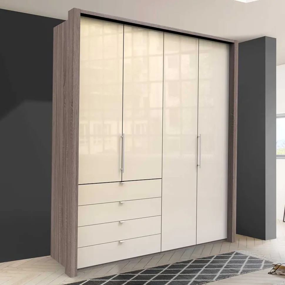Kleiderschrank in Creme Glas & Eiche dunkel - Cluster