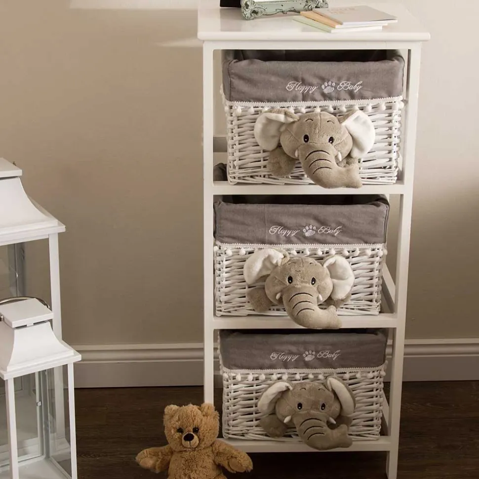 Kommode mit 3 Körben mit Plüsch Elefanten in Grau - Lusiana