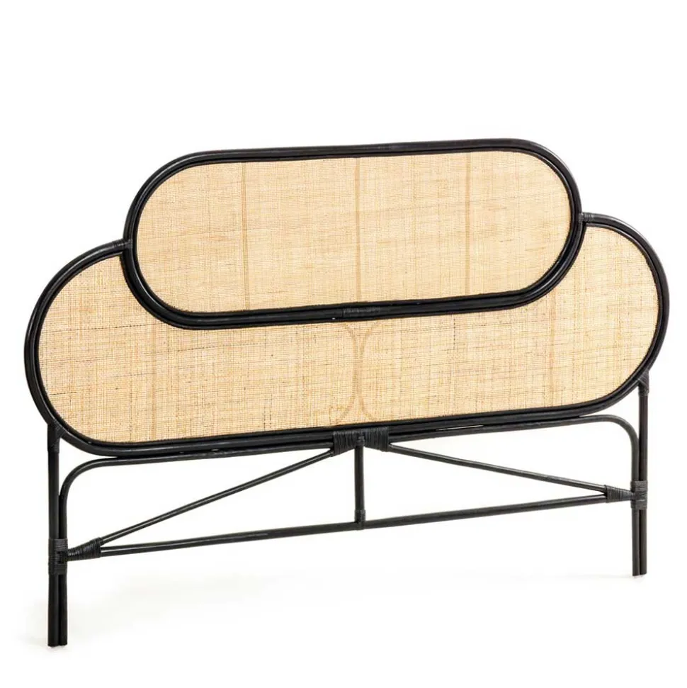 Kopfteil aus Rattan in Schwarz mit Geflecht - Aschau