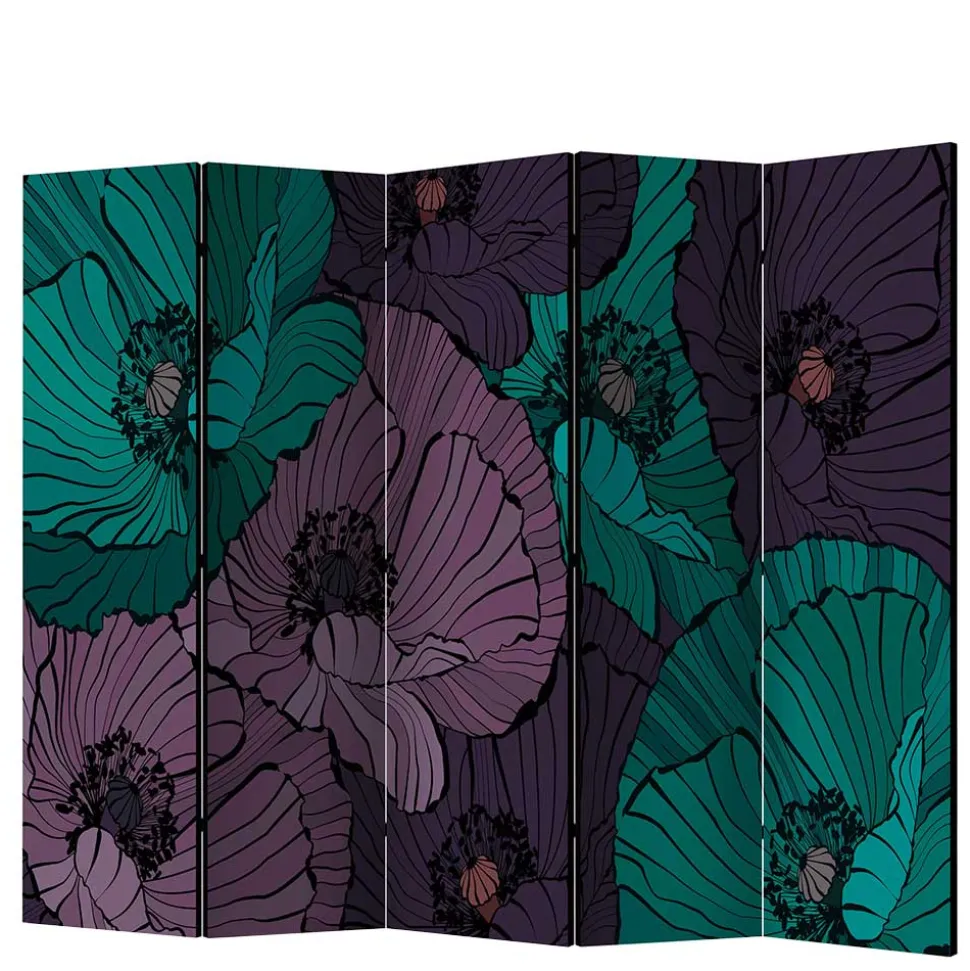 Kunstdruck Paravent mit Mohnblumen in Lila Türkis - Portamara