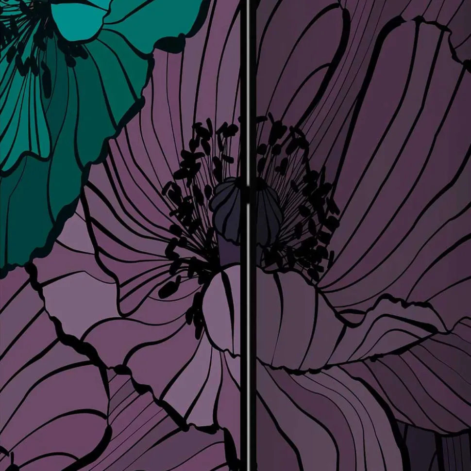 Kunstdruck Paravent mit Mohnblumen in Lila Türkis - Portamara