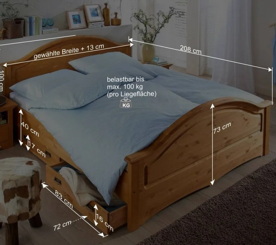 Landhaus Doppelbett Set in Kiefer - Vocoja (dreiteilig)