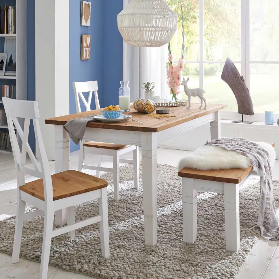 Landhaus Essgruppe Sibiuta in Weiß Kiefer massiv (vierteilig)