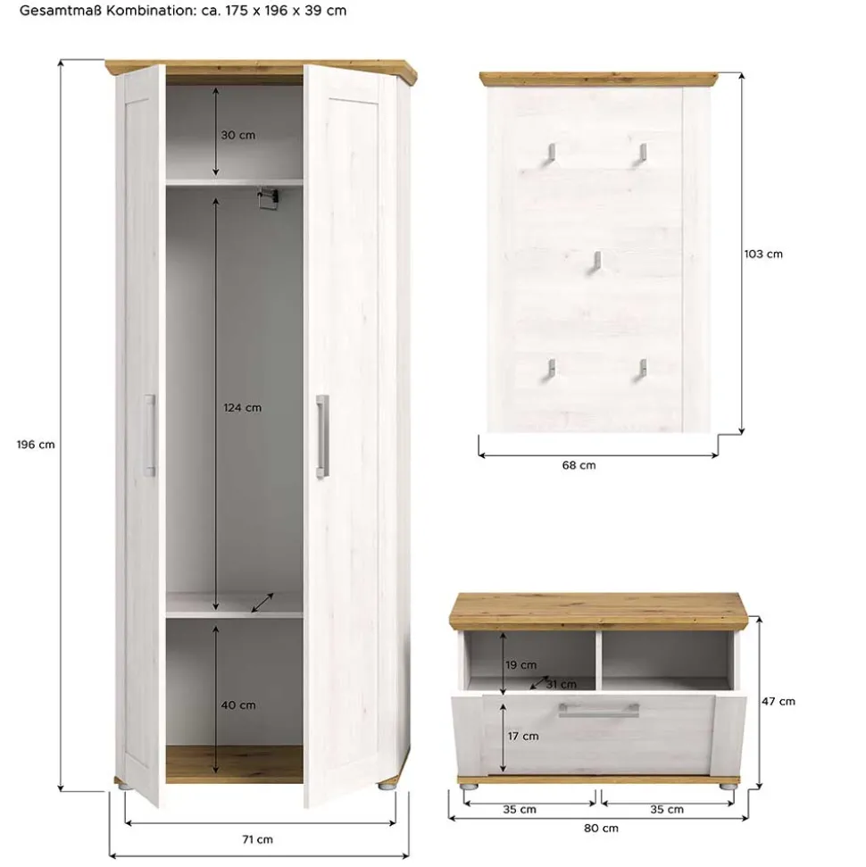 Landhaus Flureinrichtung Set - Tocella (dreiteilig)