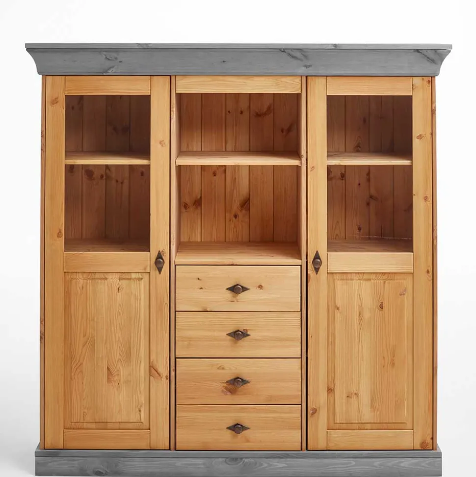 Landhaus Highboard mit Glas aus Kiefer - Eshelas