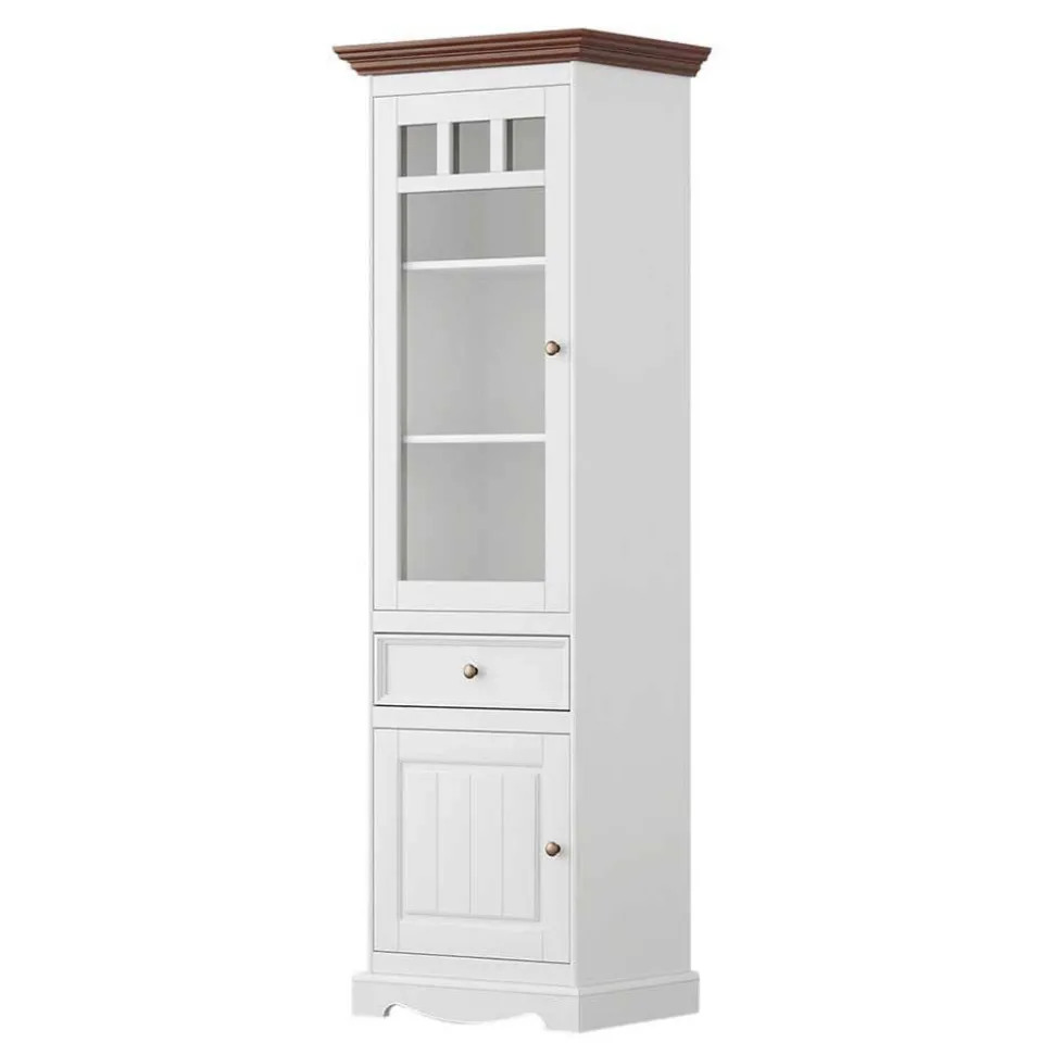 Landhaus Vitrine in Weiß mit Nussbaum Braun - Manipur