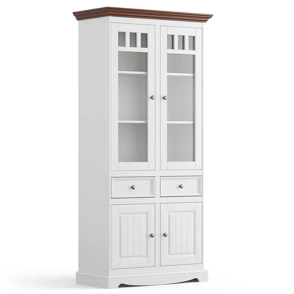 Landhaus Vitrinenschrank in Weiß mit Nussbaum - Manipur